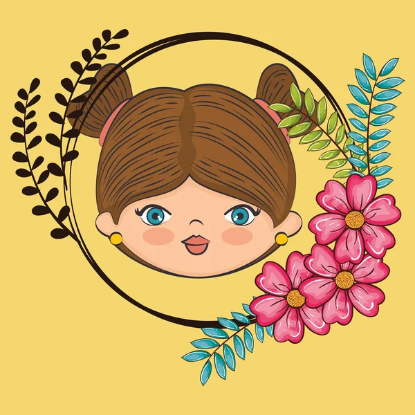 Roztomilá dívka hlavu charakter s květinový rámeček — Stockový vektor