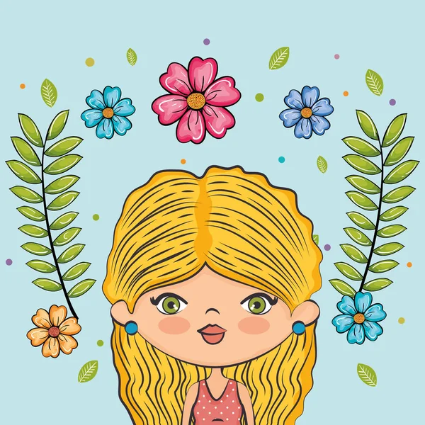 Roztomilá dívka charakter s květinové dekorace — Stockový vektor