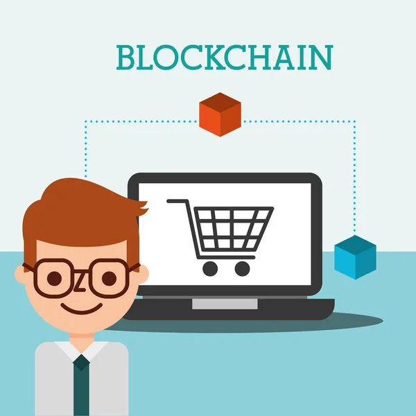 Hombre de negocios en línea compras e-commerce blockchain — Vector de stock