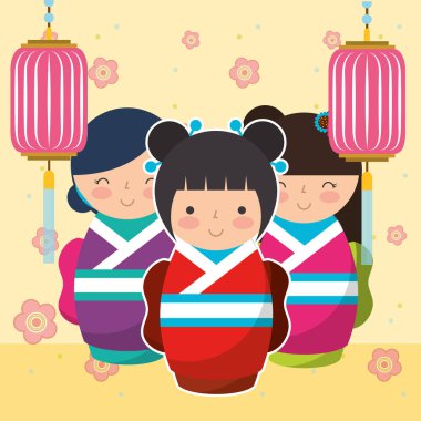 Grup Şirin Japon kokeshi bebek kimono içinde