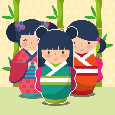 Grup Şirin Japon kokeshi bebek kimono içinde