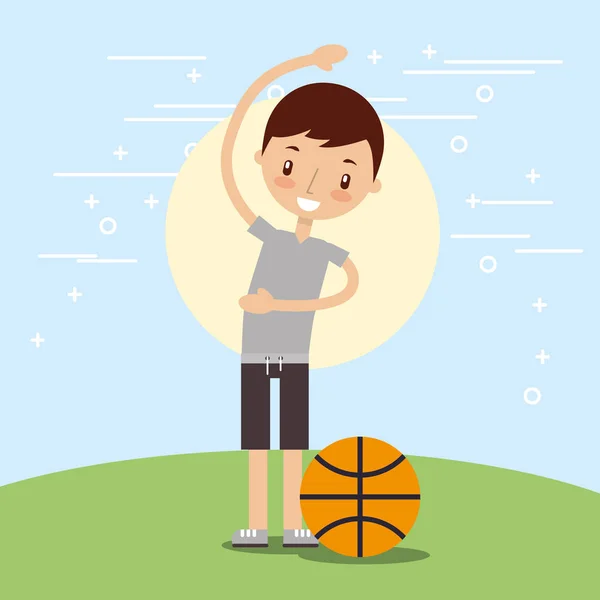 Счастливый мальчик со спортивным баскетбольным мячом — стоковый вектор