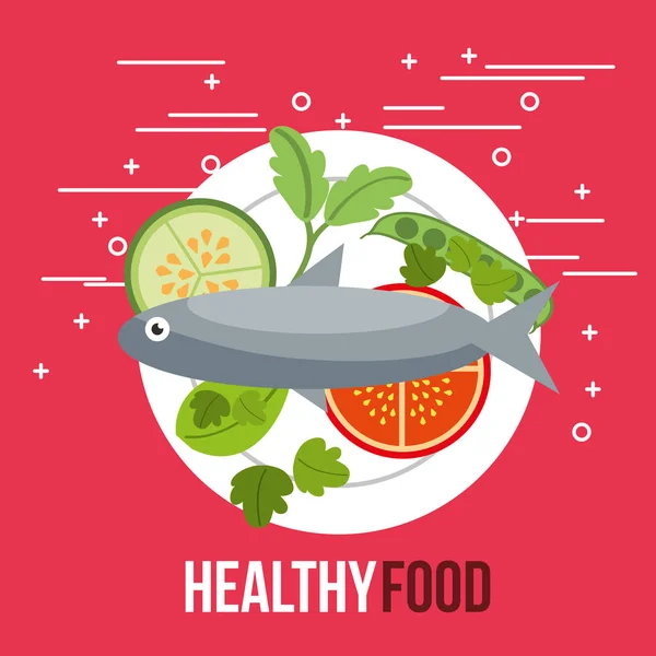 おいしい魚サラダ トマト キュウリ健康食品 — ストックベクタ