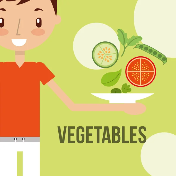Menino com vegetais frescos comida saudável —  Vetores de Stock