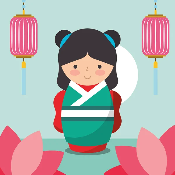 Цветочные украшения китайские фонари и японская кукла кокеши в кимоно — стоковый вектор