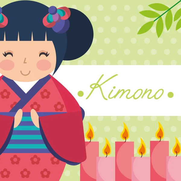 Kokeshi japonés nacional muñeca en un floral kimono — Vector de stock