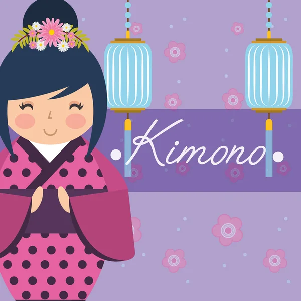 Kokeshi japonés nacional muñeca en un punteado kimono — Vector de stock