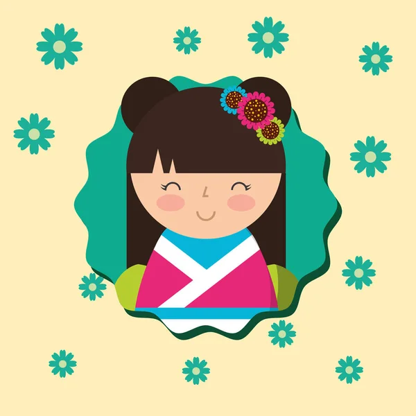 着物花背景かわいい伝統的な日本こけし — ストックベクタ