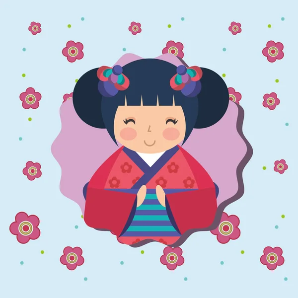 Cute traditional japanese kokeshi doll in kimono flowers background — Stock Vector