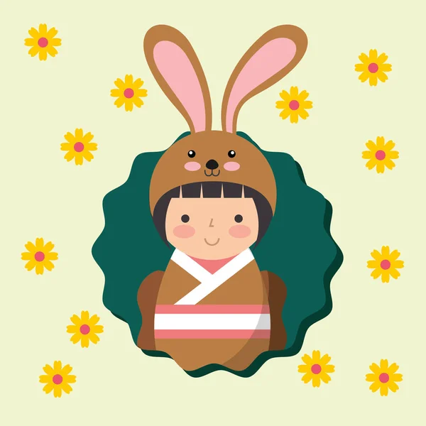 Красивая кукла кокеши в костюме животного кимоно — стоковый вектор