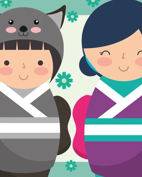 Poupées japonais kokeshi doux en kimono — Image vectorielle