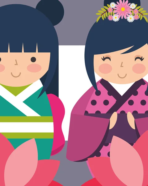 Dolce giapponese kokeshi bambole in kimono — Vettoriale Stock
