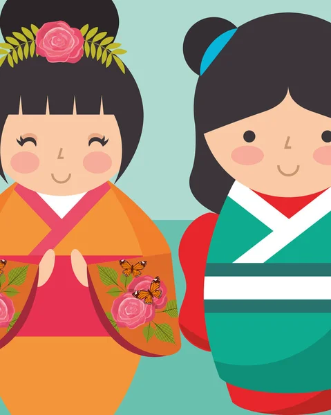 Dulce japonés kokeshi muñecas en kimono — Archivo Imágenes Vectoriales