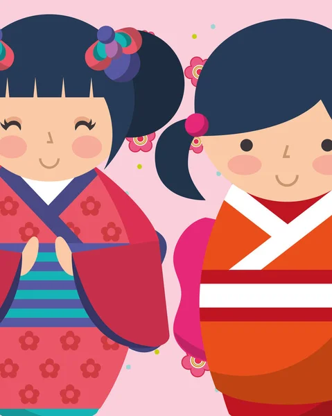 Süße japanische Kimono-Puppen im Kimono — Stockvektor