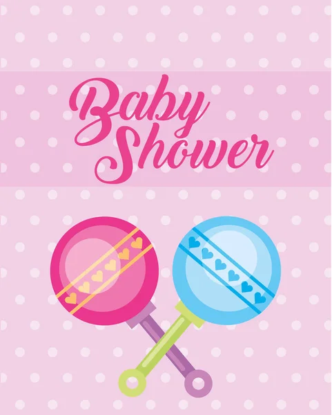 Blue and pink toy rattles baby shower card — стоковый вектор