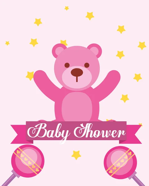 Pink toy bear rattles baby shower invitation card — Stock Vector