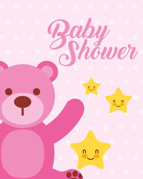 Cute pink bear and stars cartoon baby shower card — Stock Vector