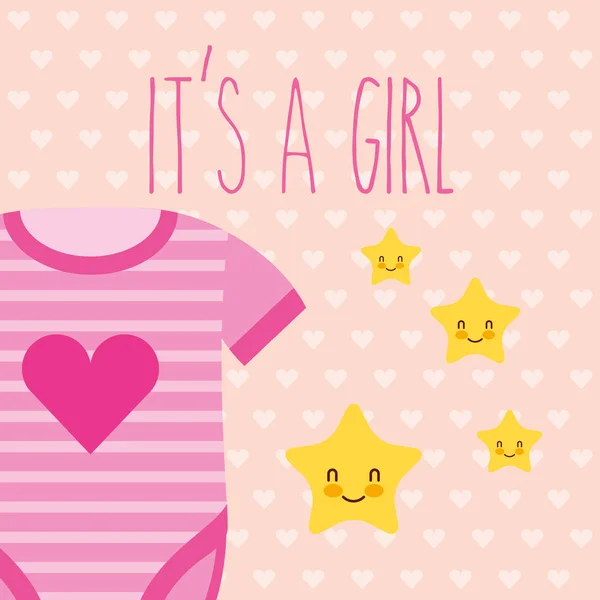 Bonito bodysuit rosa e estrelas é um cartão de menina — Vetor de Stock
