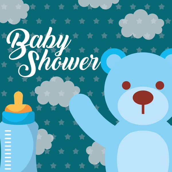 Blauwe speelgoed Beer en voedingsfles baby douche-kaart — Stockvector