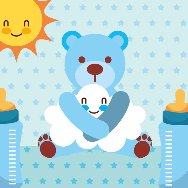Blue toy bear hugs cloud cartoon bottles dotted background — Stock Vector