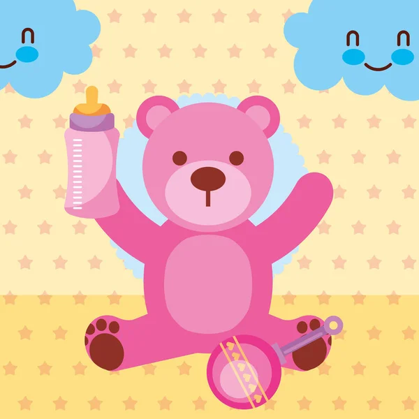 Orso giocattolo rosa con bottiglia di alimentazione giocattolo sonaglio — Vettoriale Stock
