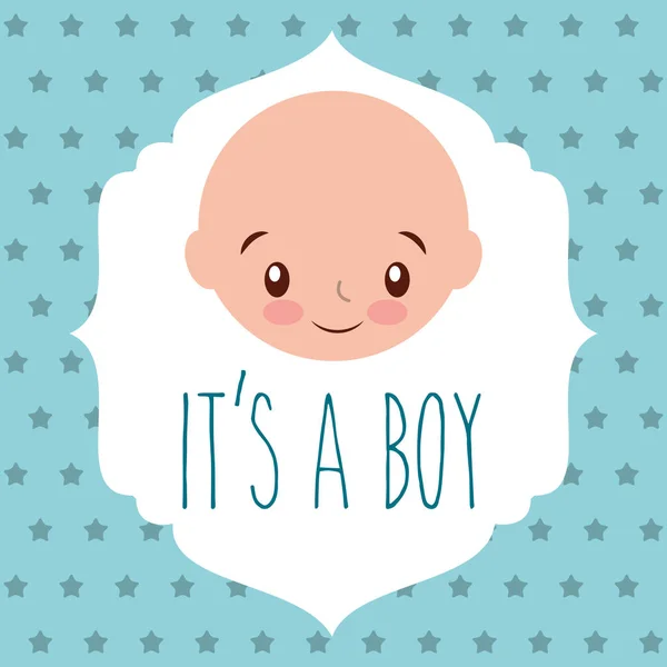 Cute face boy baby shower label dotted background — Stock Vector