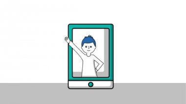 karakter ekran smartphone cep telefonu ile yukarı kollu adam