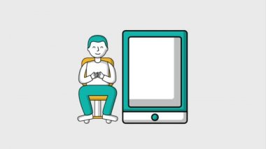 Ofis koltuğu ile büyük smartphone üzerinde oturan adam