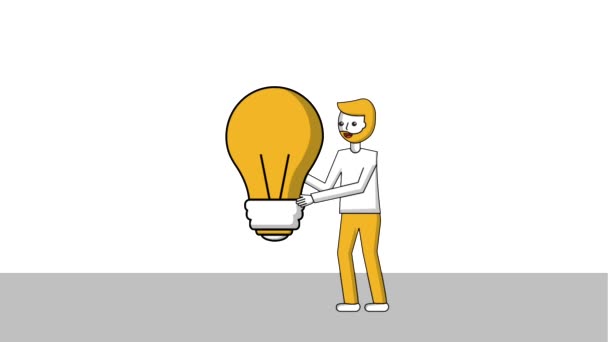 Baard man die met grote lamp creativiteit — Stockvideo