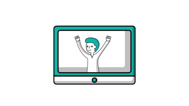 Щасливий чоловік розмовляє і руки вгору на екрані пристрою — стокове відео