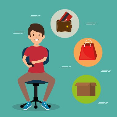 Ofis koltuğu ayarlama iş ikonları/simgeleri ile genç adam