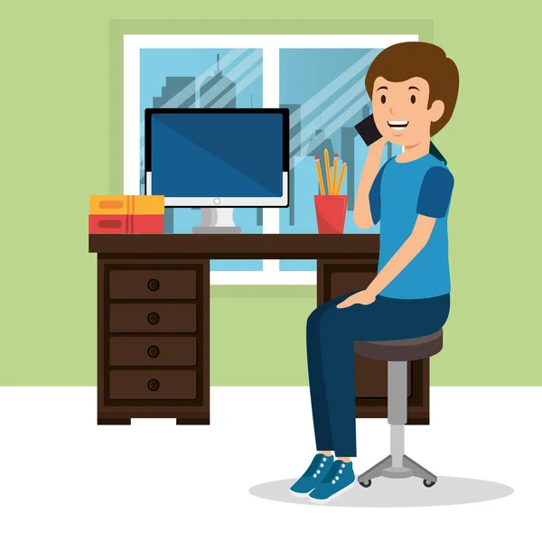 Joven en la oficina de trabajo — Vector de stock