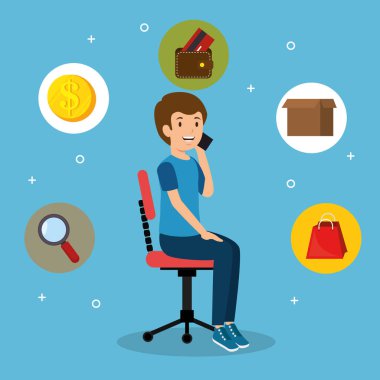 Ofis koltuğu ayarlama iş ikonları/simgeleri ile genç adam