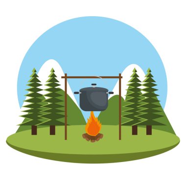 pot pişirme ve kamp ateşi ile kamp bölgesi