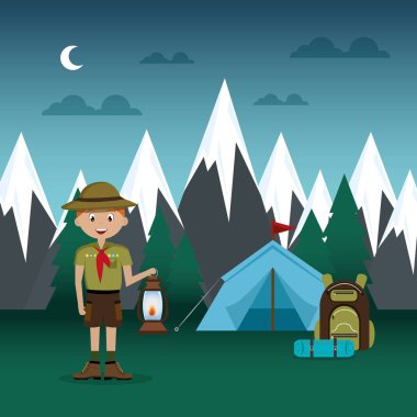 Genç izci kamp bölgesi sahne vektör çizim tasarım