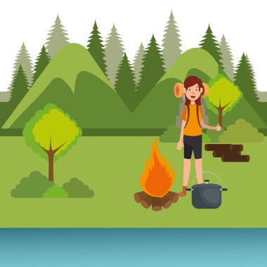 Genç kadın izci kamp bölgesi sahnesinde