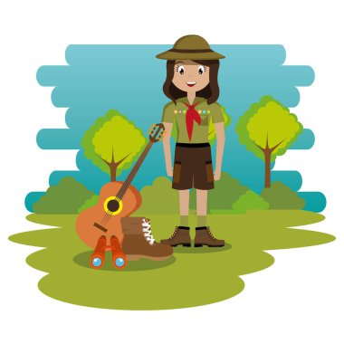 Genç kadın izci kamp bölgesi sahnesinde