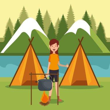 Genç kadın izci kamp bölgesi sahnesinde