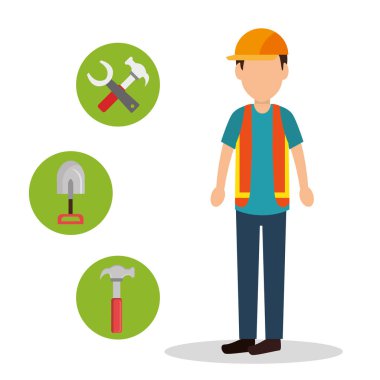 İnşaat işçisi ile inşaat simgeleri altında