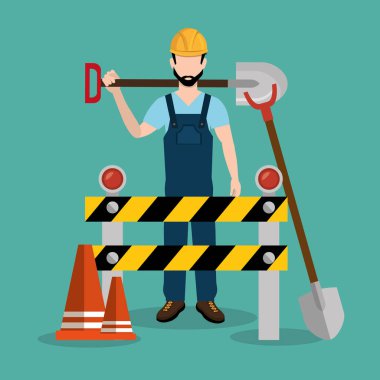 İnşaat işçisi ile inşaat simgeleri altında