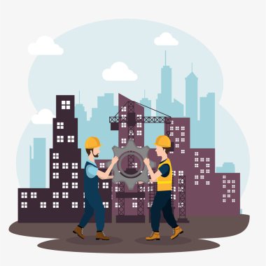 İnşaat işçileri ile inşaat simgeleri altında