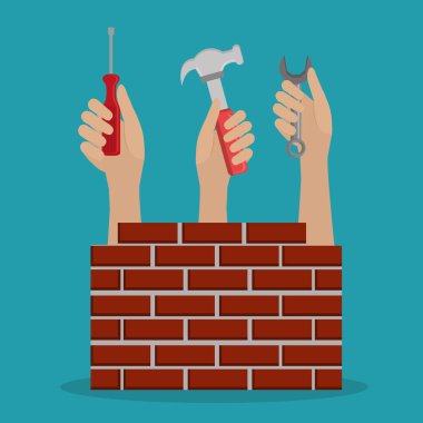 altında inşaat simgeleri ile çalışanlar eller