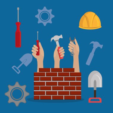 altında inşaat simgeleri ile çalışanlar eller