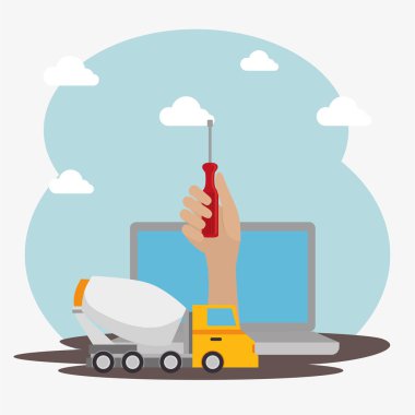 El çalışan dizüstü bilgisayar ile yapım aşamasında