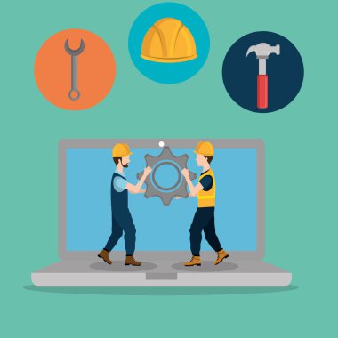 dizüstü bilgisayar ile inşaat işçileri