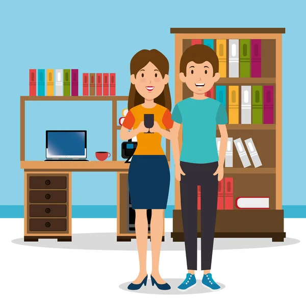 Young couple in the workplace office — Stock Vector