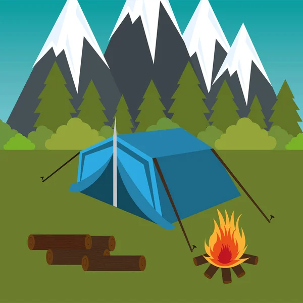 Zona de camping con tienda y fogata — Vector de stock