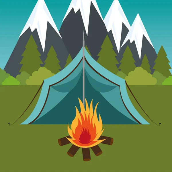 Zona de camping con tienda y fogata — Vector de stock