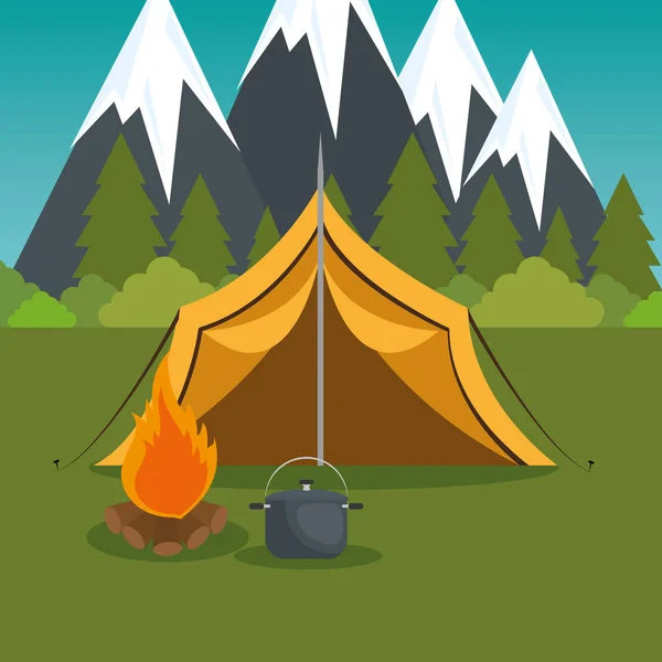 Zona de acampamento com barraca e fogueira — Vetor de Stock
