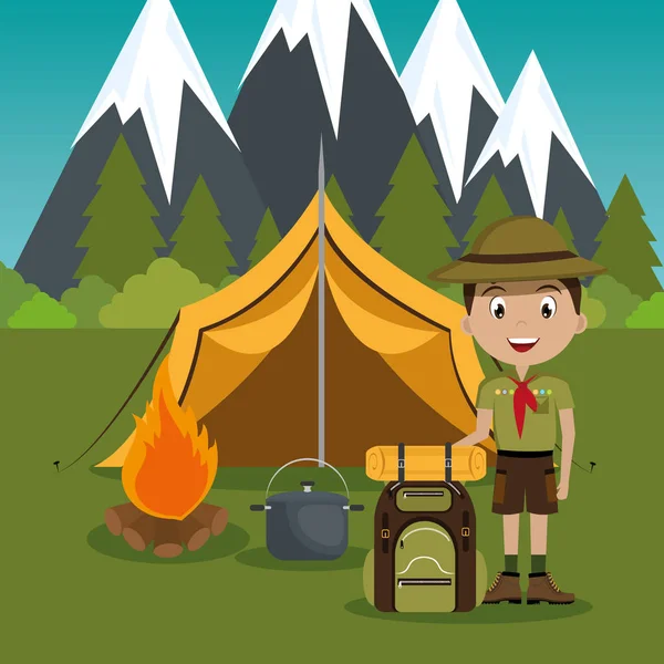 Young scout in the camping zone scene — Stock Vector